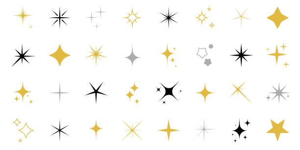 ilustraciones, imágenes clip art, dibujos animados e iconos de stock de conjunto de iconos de destellos y estrellas sobre fondo blanco - estrellas