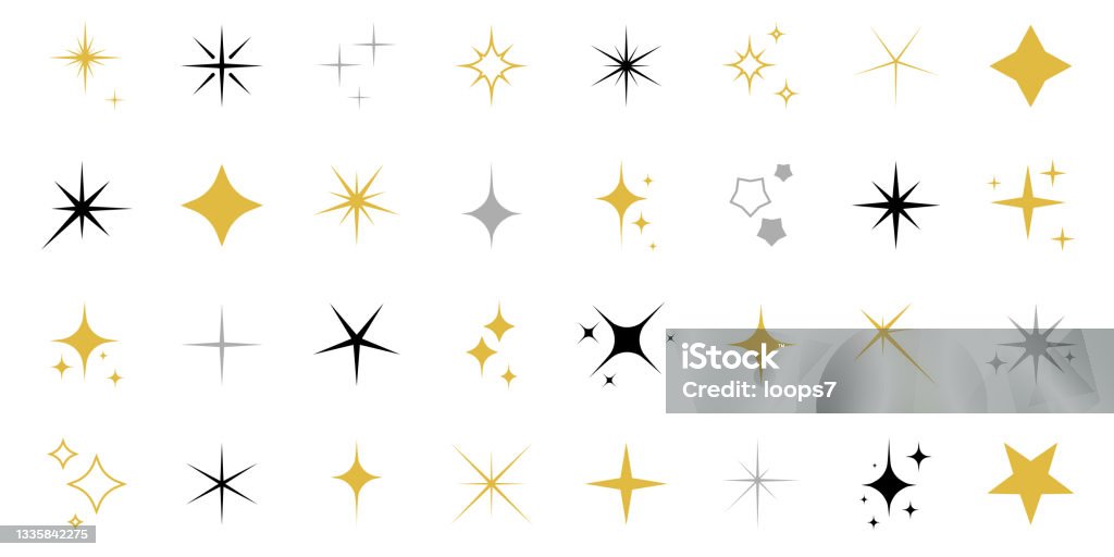 Набор значков с блестками и звездами на белом фоне - Векторная графика Сверкающий роялти-фри