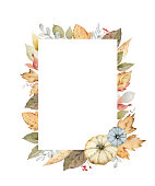 istock Thanksgiving vector frame colorful pumpkins with autumn leaves and flowers. Watercolor card for thanks giving day isolated on a white background. 1335842344