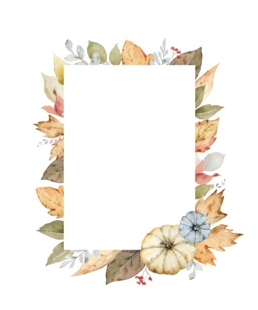 Thanksgiving vector frame colorful pumpkins with autumn leaves and flowers. Watercolor card for thanks giving day isolated on a white background. Thanksgiving vector frame colorful pumpkins with autumn leaves and flowers. Watercolor card for thanks giving day isolated on a white background. thanksgiving holiday backgrounds stock illustrations