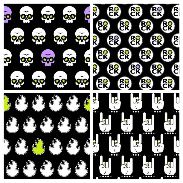 ilustrações de stock, clip art, desenhos animados e ícones de set of black trendy vector seamless rock patterns - pop art skull backgrounds pattern