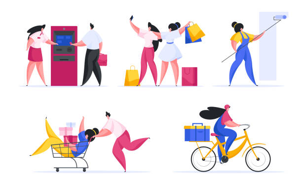 People shopping set vector flat illustration. Woman consultant shows man how pay at ATM. People shopping set vector flat illustration. Woman consultant shows man how pay at ATM. Two female characters take selfies with purchases in color bags. Courier girl delivers order on yellow bike. happy family shopping stock illustrations