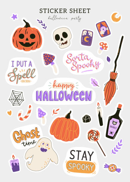 istock Collection of cute Halloween characters and symbols. Hand drawn design elements. Halloween stickers set. Vector illustrations and typography. 1335845963