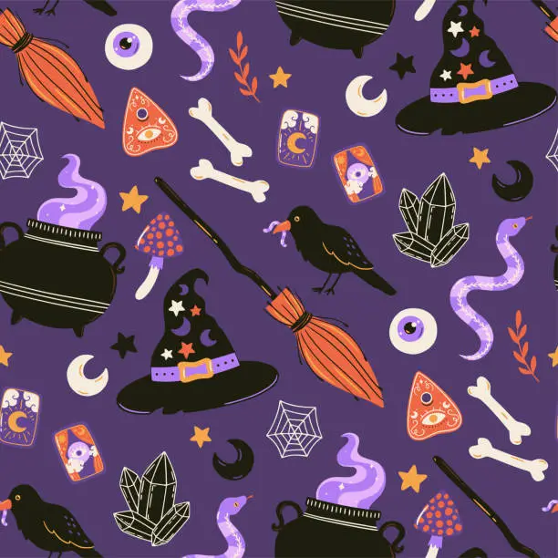 Vector illustration of Halloween seamless pattern. Hand drawn holiday background. Cute spooky vector illustration.