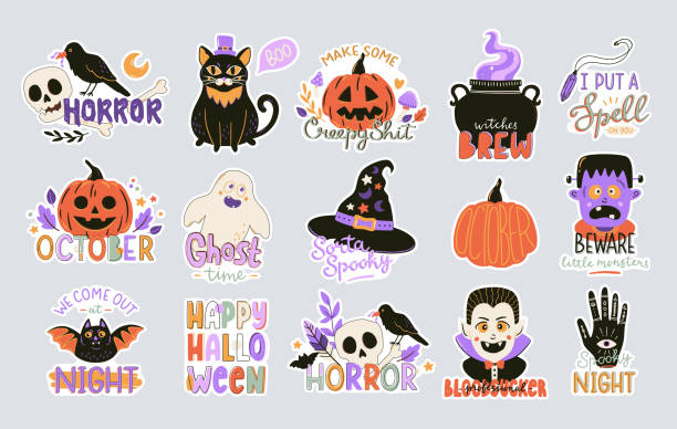 istock Collection of cute Halloween typography prints. Hand drawn symbols and lettering. Vector illustration. 1335848606