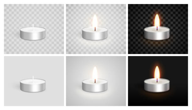 ilustraciones, imágenes clip art, dibujos animados e iconos de stock de conjunto de velas realistas en un caso. luces de té. sin iluminar, ardiendo sobre un fondo claro y oscuro. el icono de la vela establece un primer plano aislado en un fondo de cuadrícula de transparencia. plantilla de diseño - tea light