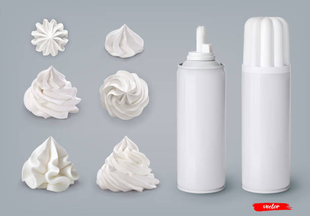 ilustrações de stock, clip art, desenhos animados e ícones de set of whipped cream swirls and whipped cream cans on gray background. 3d realistic vector illustration of sweet dairy product. mockup of whipped cream package. - whip