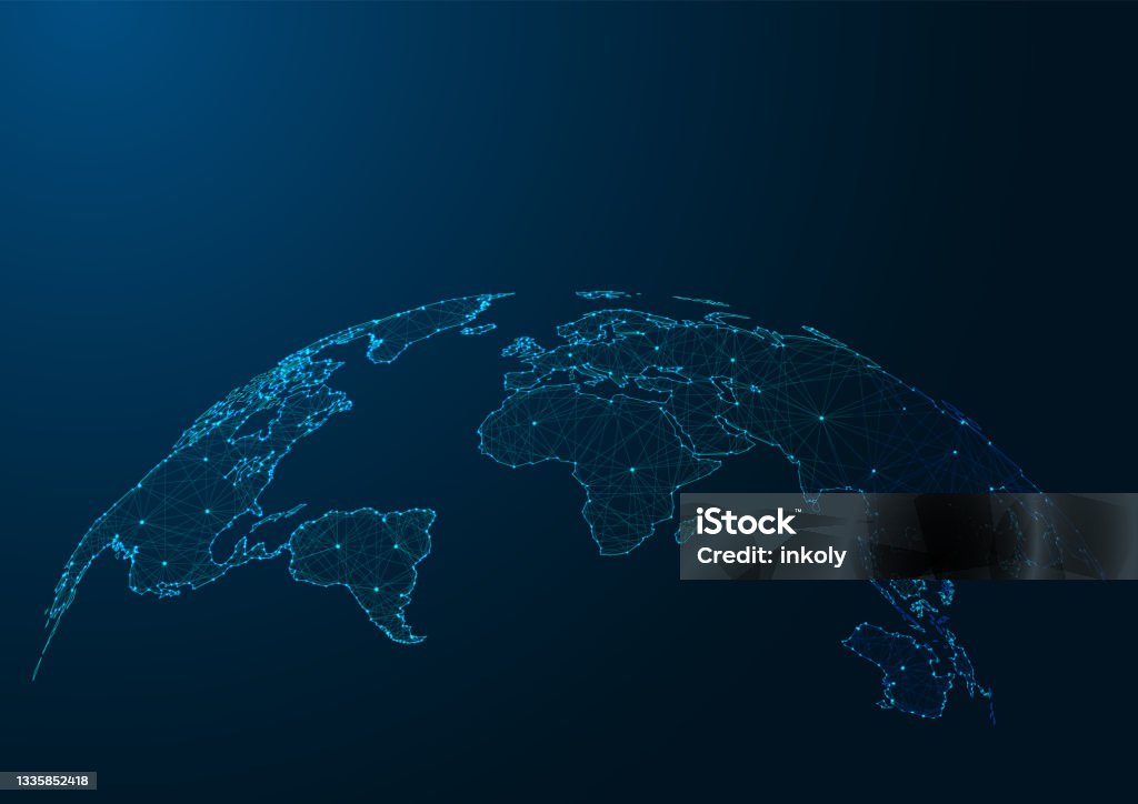 Mappa del mondo moderna fatta di linee e punti su sfondo blu scuro. - arte vettoriale royalty-free di Globo terrestre