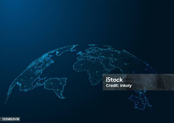 Mappa Del Mondo Moderna Fatta Di Linee E Punti Su Sfondo Blu Scuro - Immagini vettoriali stock e altre immagini di Globo terrestre