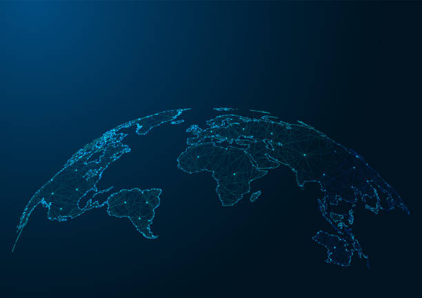 진한 파란색 배경에 선과 점으로 만든 현대 세계지도. - world map stock illustrations