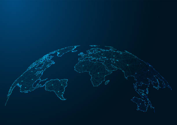 współczesna mapa świata wykonana z linii i kropek na ciemnoniebieskim tle. - planeta stock illustrations
