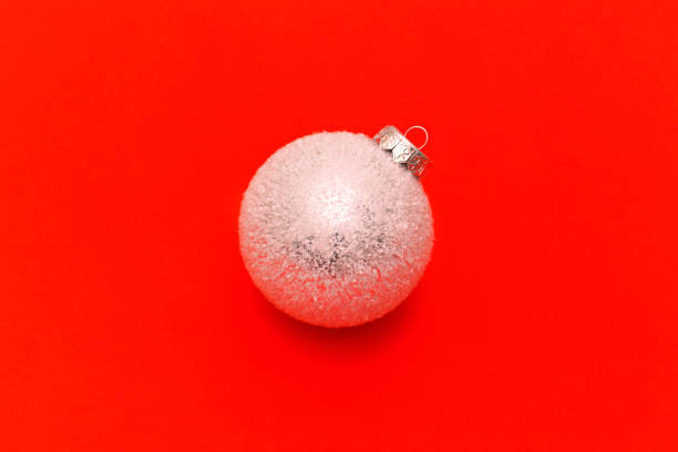 istock White christmas balls on a red background with space for text 1335853172