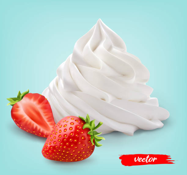 Whipped cream with whole strawberry and half strawberry on blue background. 3d realistic vector illustration of whipped cream with strawberries. Whipped cream with whole strawberry and half strawberry. 3d realistic vector illustration of whipped cream with strawberries. whipped food stock illustrations