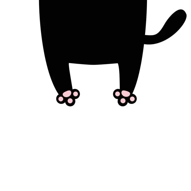 Vector illustration of Black cat. Funny silhouette. Hanging fat body with paw print, tail. Kawaii animal. Cute cartoon baby character. Pet collection. Flat design. Sticker print. White background.