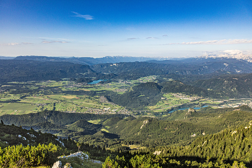 Lake Bled with the Bled island. Gorenjska (Upper Carniolan region), Slovenia. High angle view from mountain Stol.