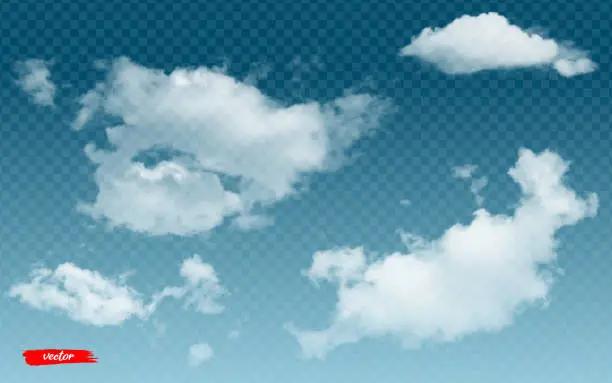 Vector illustration of Set of clouds. 3d realistic vector illustration of different clouds on transparent background.