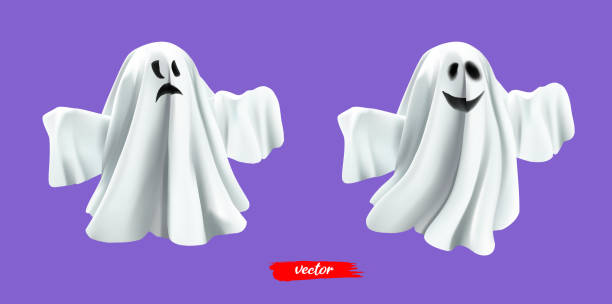 istock White ghost, phantom isolated on lilac background. Halloween spooky monster, scary spirit or poltergeist flying in night. 3d realistic vector illustration. 1335858029