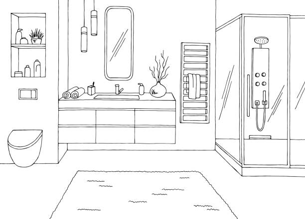 bildbanksillustrationer, clip art samt tecknat material och ikoner med bathroom graphic home interior black white sketch illustration vector - badrum