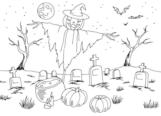 ilustrações, clipart, desenhos animados e ícones de paisagem de halloween gráfico preto branco árvore morta ilustração vetor - farm vegetable black landscape