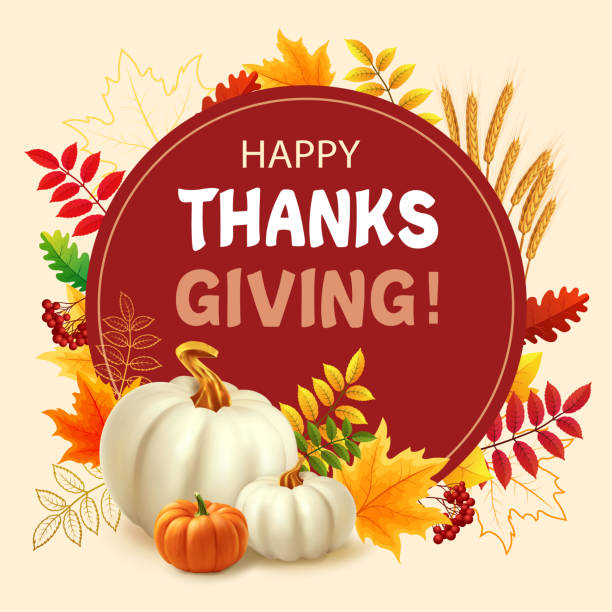 ilustrações de stock, clip art, desenhos animados e ícones de happy thanksgiving background with autumn leaves, white pumpkins and orange pumpkin. 3d realistic vector illustration of thanksgiving card. - vector thanksgiving fall holidays and celebrations