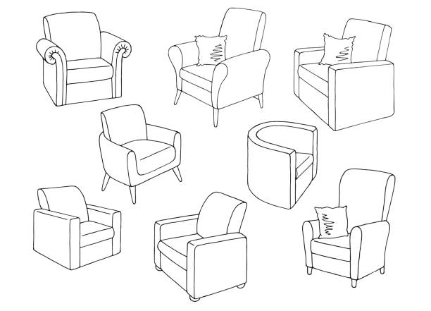illustrations, cliparts, dessins animés et icônes de ensemble fauteuil graphique noir blanc isolé dessin illustration vectoriel - fauteuil