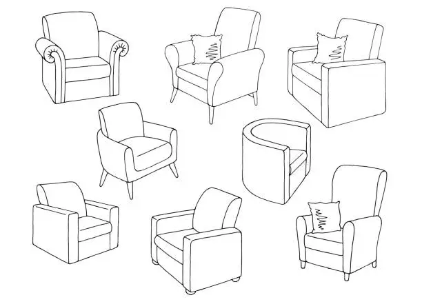 Vector illustration of Armchair set graphic black white isolated sketch illustration vector