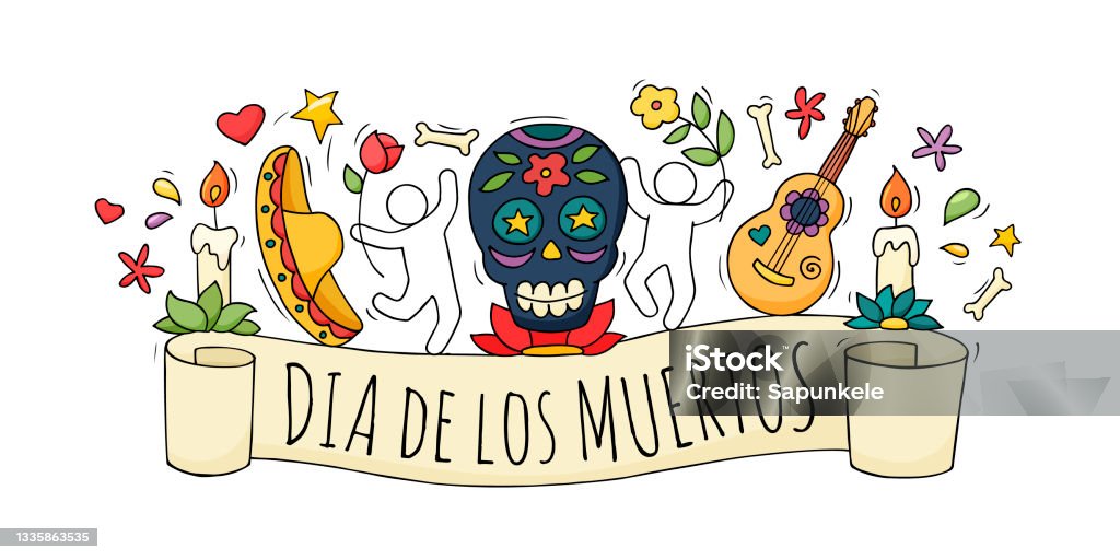 Cartoon People Celebrate Day Of The Dead Stock Illustration - Download  Image Now - Art, Backgrounds, Banner - Sign - iStock
