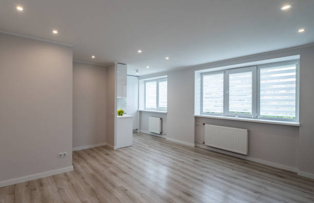 istock Studio apartment after renovation. Modern bright interior on scandinavian style. White kitchen. Green apples. 1335865424