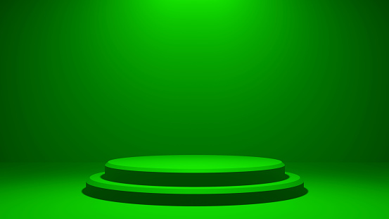 Abstract green color product presentation platform, podium stand illuminated with spotlight