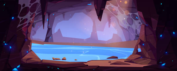 ilustrações, clipart, desenhos animados e ícones de caverna subterrânea com água e cristais azuis - stalactite