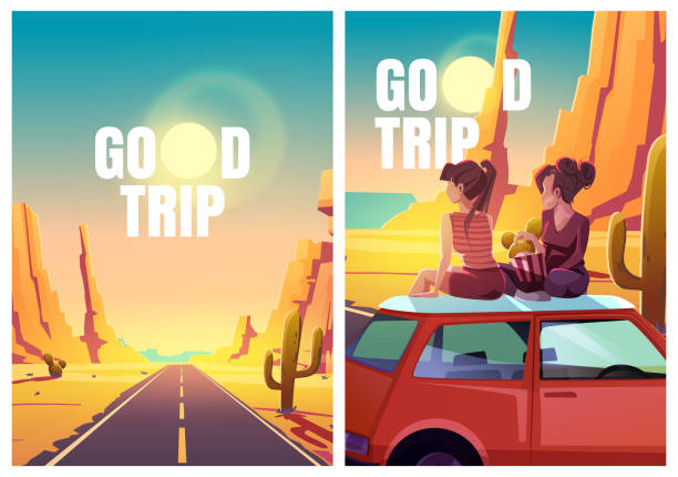 Flyers with girls sitting on car roof in desert Good trip flyers with desert landscape, highway and girls sitting on car roof. Vector posters with cartoon illustration of hot desert with orange mountains, cactuses, road and women watching sunset road trip snacks stock illustrations