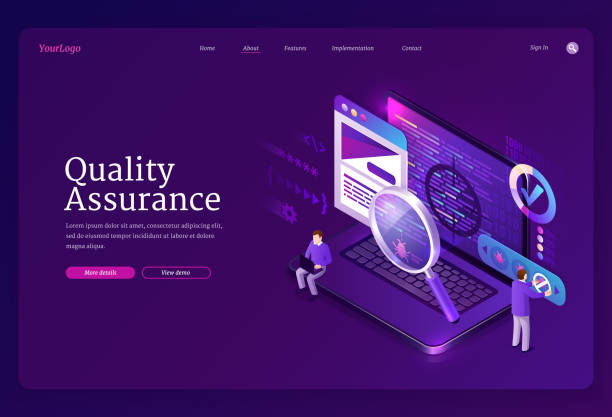 Quality assurance isometric landing, debugging Quality assurance isometric landing page. Tiny characters fixing bugs on huge pc. Qa software development for digital device. Process of optimization, debugging program or code, 3d vector web banner debug stock illustrations
