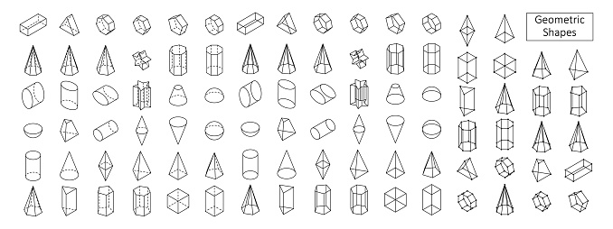 Set of 3d basic geometric shapes. Isometric view. Linear objects for school, science, geometry and math. Isolated vector illustration on white background.