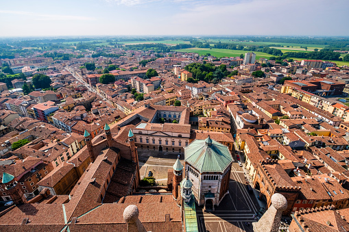 High angle view of Cremona with the baptistery in foreground