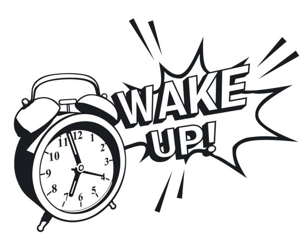 illustrations, cliparts, dessins animés et icônes de réveil et expression avec du texte wake up. illustration vectorielle en noir et blanc - white background color image alarm clock deadline