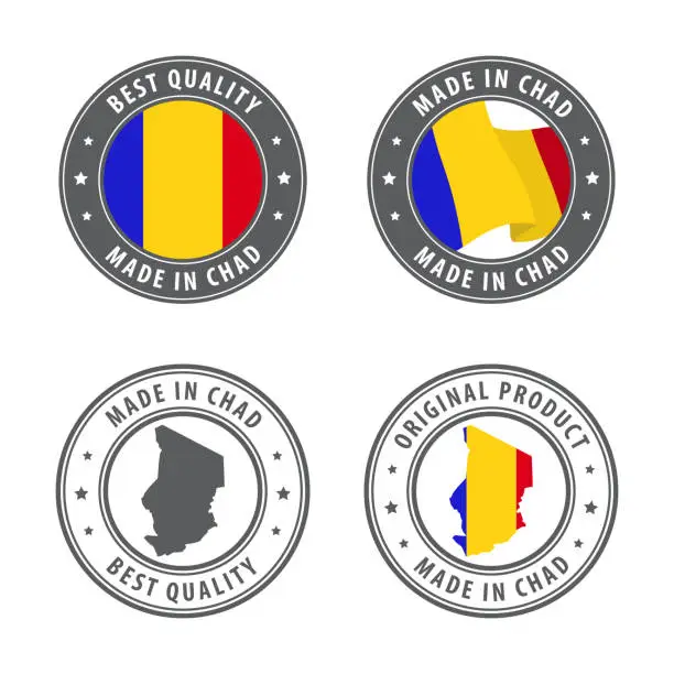 Vector illustration of Made in Chad - set of labels, stamps, badges, with the Chad map and flag. Best quality. Original product.