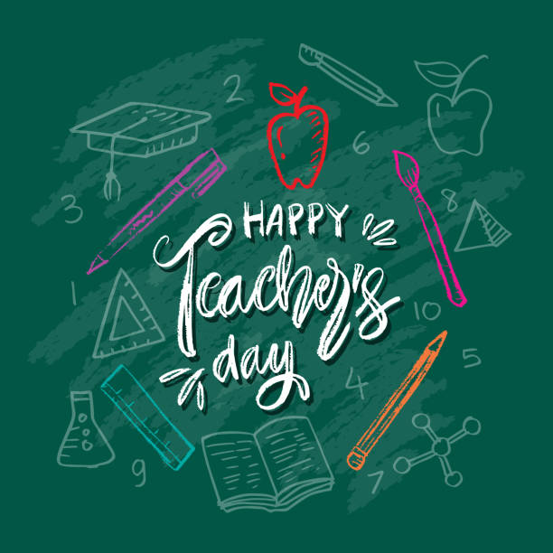 happy teacher day hand lettering on chalkboard background. card concept. - öğretmenler günü stock illustrations