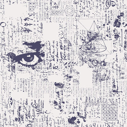 Abstract seamless pattern with fragments of handwritten text Lorem Ipsum, scribbles, stains, typescript and human eye. Vector background, wallpaper, wrapping paper or fabric design in grunge style