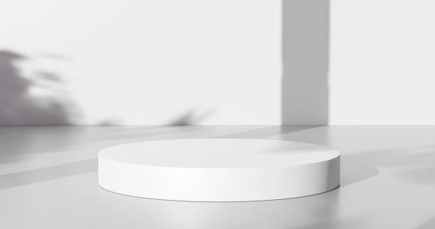 istock White product background or empty blank space room design and window light minimal shadow display platform stage on interior podium pedestal scene backdrop stand with studio showcase. 3D render. 1335877523