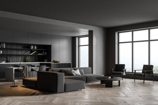 istock Corner of panoramic living room, dark grey kitchen with square niche 1335878845