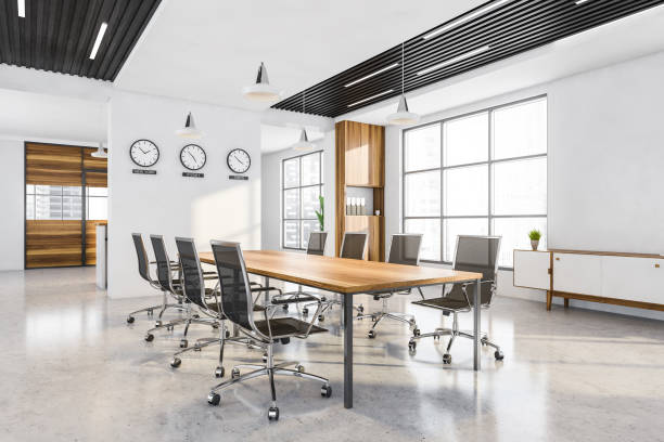 istock View from corner of the panoramic office with wooden design elements 1335879003
