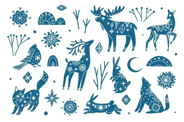 Vector illustration of Winter collection of mystic blue animals