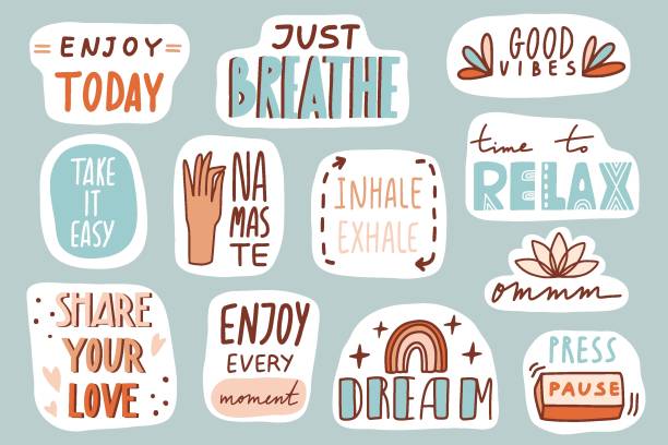 Yoga, mindfulness patches collection. Stickers, badges Yoga, mindfulness patches collection. Stickers, badges, prints with quotes, doodles and lettering. Relax, breathe, namaste, enjoy, dream. Cute cartoon vector. Flat style inspirational illustration relaxed stock illustrations