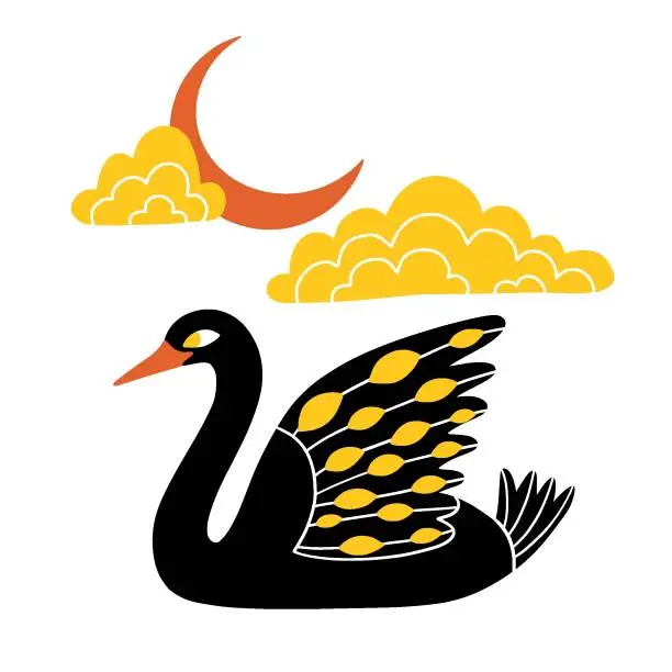 Vector illustration of Esoteric bird illustration. Flat mystic black swan with moon and doodle clouds