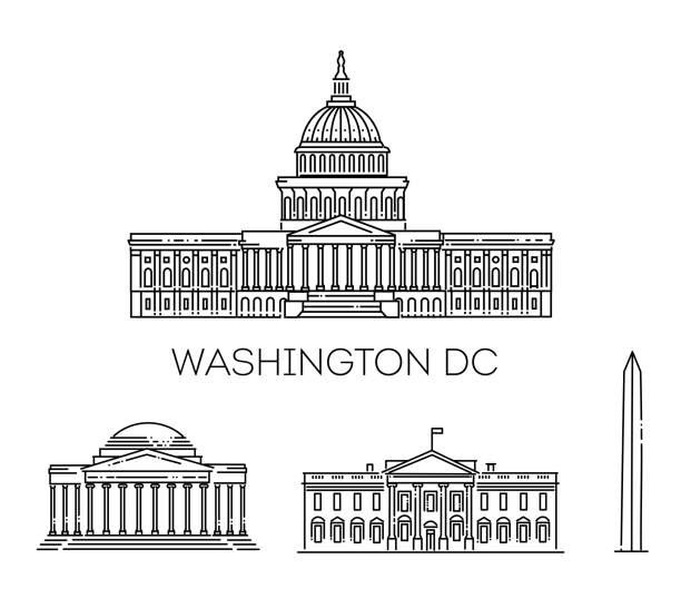 вашингтон, округ колумбия, иллюстрация line art vector со всеми известными зданиями - washington dc stock illustrations