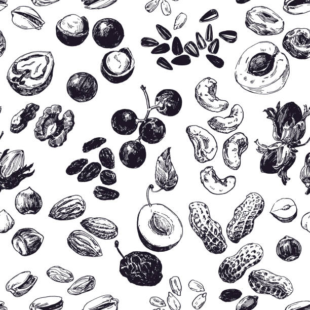 ilustraciones, imágenes clip art, dibujos animados e iconos de stock de frutos secos y frutos secos sin costuras - nut snack peanut backgrounds