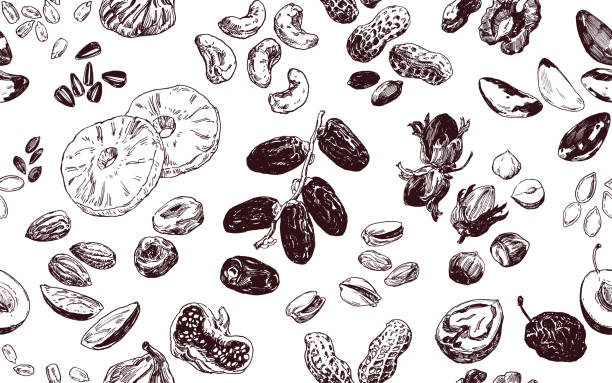 Seamless pattern with nuts and dried fruits Hand drawn illustration, seamless pattern with nuts, seeds and dried fruits dried fruit stock illustrations