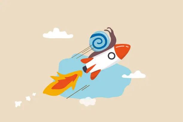 Vector illustration of Accelerate business, increase agility and efficiency, sprint or fast, innovation to increase work speed concept, slow snail flying fast with rocket booster metaphor of accelerate working process.