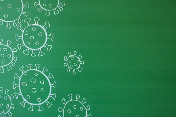 coronavirus molecule drawn in chalk on a green board A coronavirus molecule drawn in chalk on a green board in close-up and space for copying. Concept stop coronavirus and back to school board eraser photos stock pictures, royalty-free photos & images