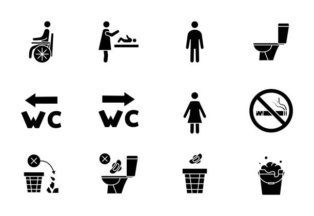Restroom icons. Man, woman, wheelchair person symbol and baby changing. Stop smoke and pollution in the toilet. Do not flush. Male, Female, Handicap toilet sign Restroom icons. Man, woman, wheelchair person symbol and baby changing. Stop smoke and pollution in the toilet. Do not flush. Male, Female, Handicap toilet sign. Vector throwing in the towel illustrations stock illustrations